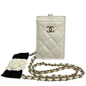 CHANEL Camelia/Matelasse - White Lambskin Pass Holder Gold hardware